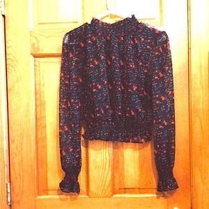 Red & Black Floral Mock Neck Translucent Sheer Long Sleeve Top NWOT